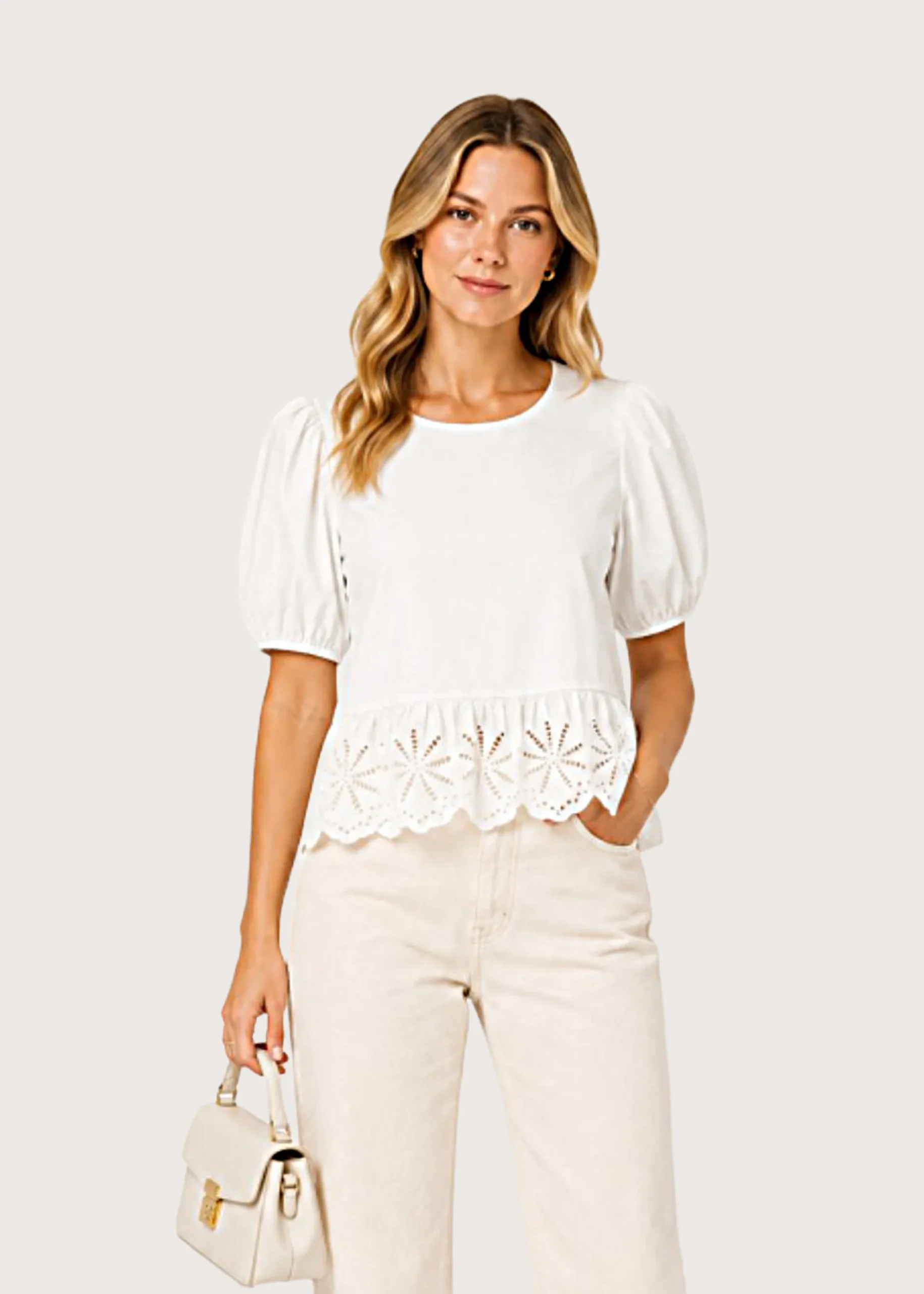 Vero Moda Γυναικεία Μπλούζα FREYA Κοντομάνικη 2/4 με Σούρες και Δαντέλα Λευκό